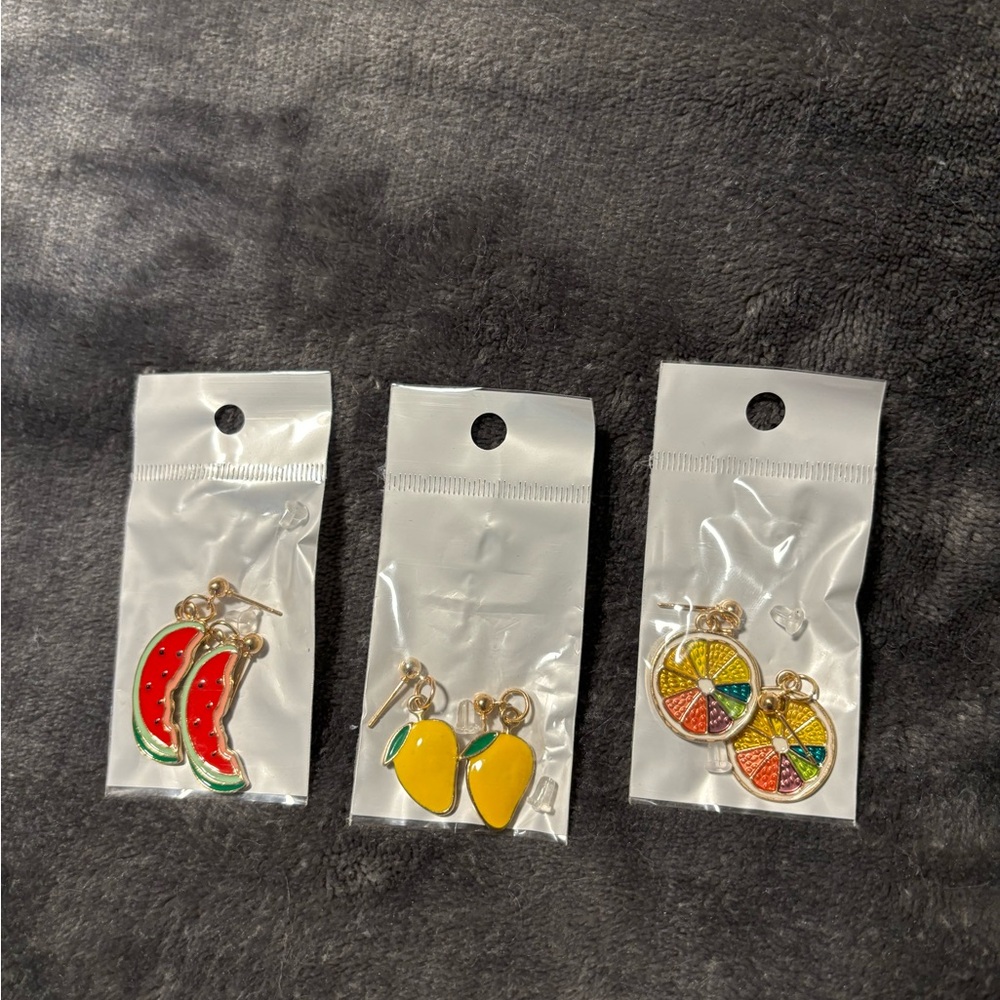 Fruit-Themed Earrings Set - Watermelon, Mango, Citrus